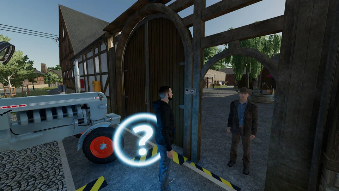 A player interacts with the Doorbell mod in FS22, standing near a vehicle by a barn gate with another character.