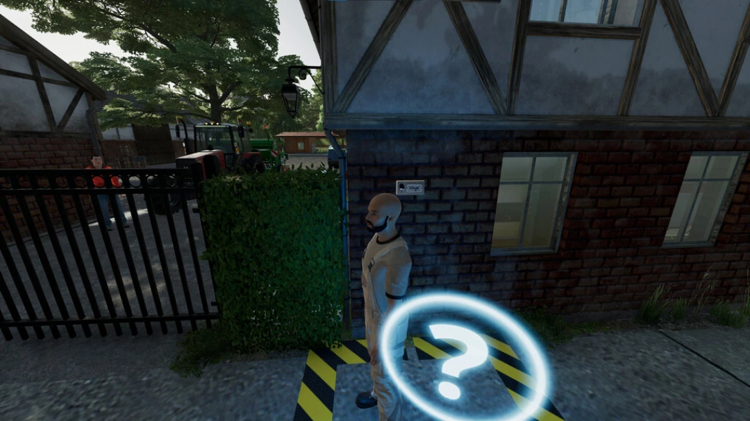 FS22 mod Doorbell v1.0.0.0 showing character by house with question mark on ground.