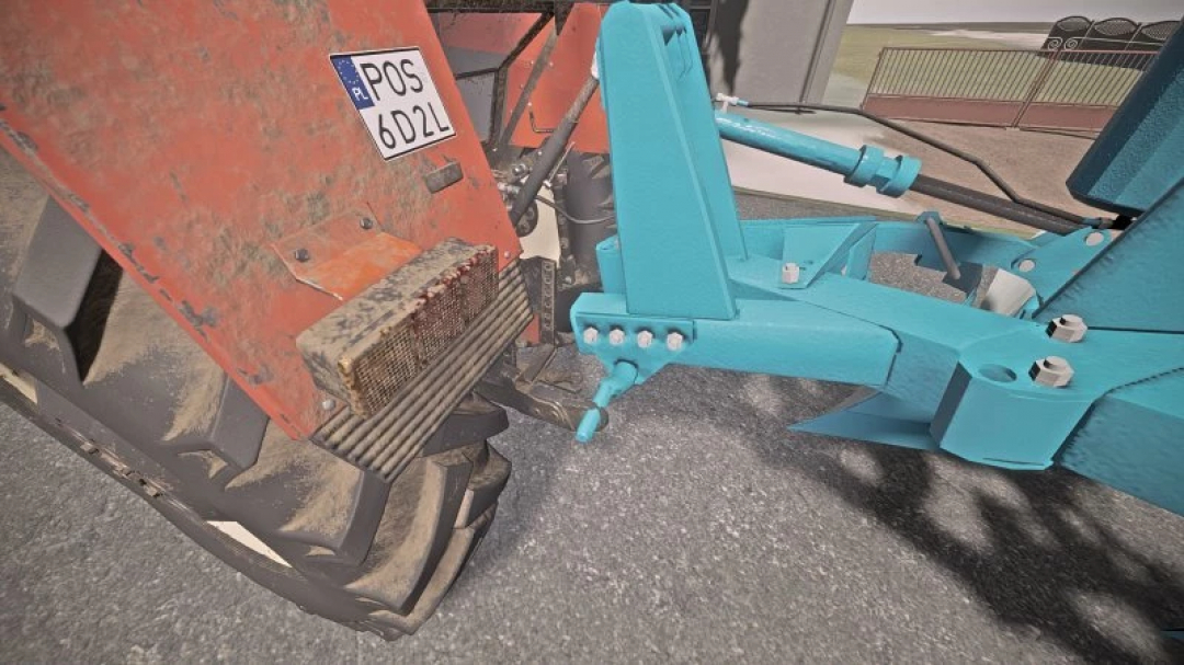 FS22 Overum 4 v1.0.0.0 mod toont een close-up van een trekkerbevestiging in Farming Simulator 22.