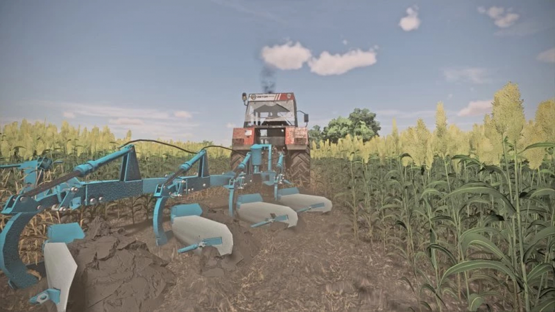 FS22 Overum 4 mod: Trekker ploegt veld met Overum ploeg in Farming Simulator 22.