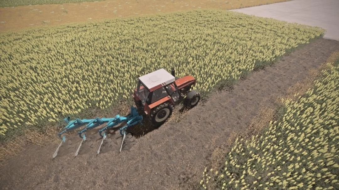 FS22 mods: Trekker met Overum 4 ploeg op een veld in Farming Simulator 22, versie 1.0.0.0.