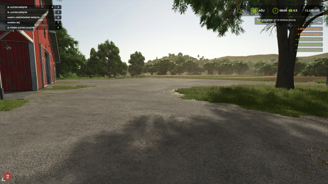 FS25 Money Tool V1 mod screenshot showing a farm scene with a red barn and lush trees in Farming Simulator 25.