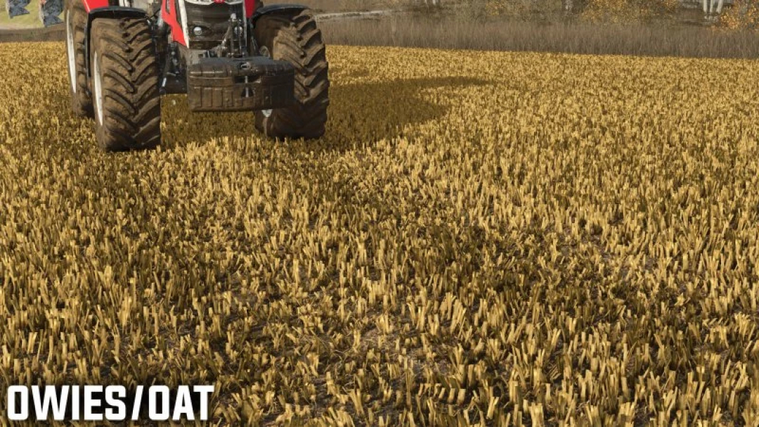 Mod FS25 montrant un champ de chaume d'avoine pressé avec tracteur visible, mettant en valeur les mods de Farming Simulator 25.