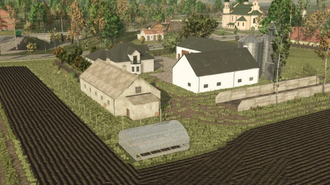 FS25 Save Zielonka v1.0.0.0 mod showcasing a farm with barns, a greenhouse, and silos set in Farming Simulator 25.