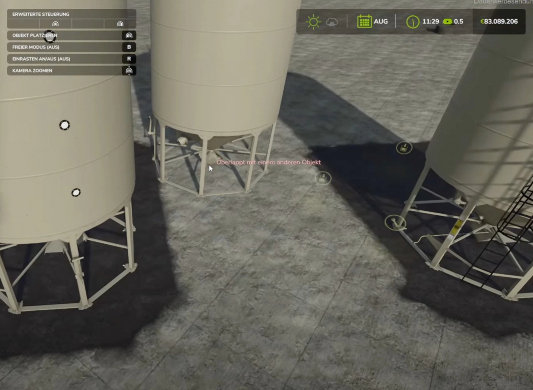 FS25 Fed Mod Pack V1.0.0.0: Several large silos on concrete surface, Farming Simulator 25 mods interface visible.