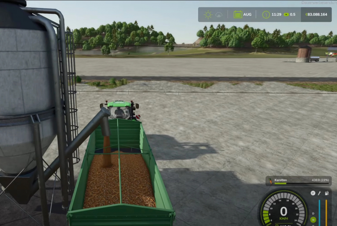 FS25 mod Fed Mod Pack V1.0.0.0: Filling a trailer with harvested carrots using a silo.