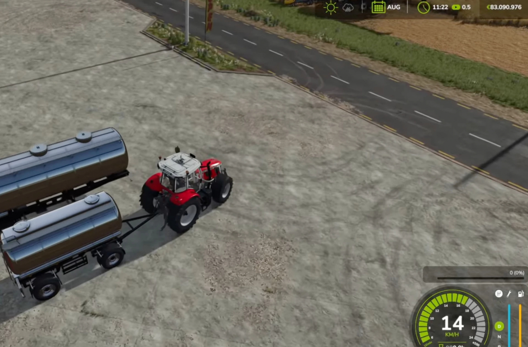 FS25 mods: Red tractor towing two silver trailers on a paved area, part of Fed Mod Pack V1.0.0.0.