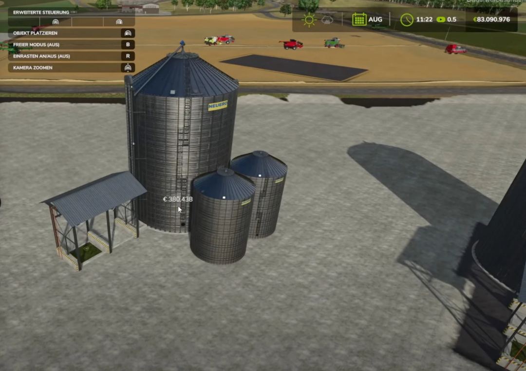 FS25 Fed Production Pack Mod mit großen Silos und Steuerungsoberfläche.