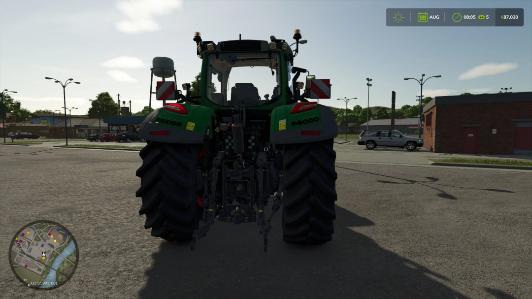 Rear view of Fendt 728 gen 7 in Farming Simulator 25 with color selection mod. Urban setting in the background.