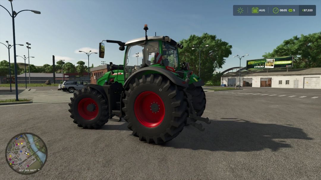 FS25 mod Fendt 728 Gen 7 with color selection parked in a lot, showcasing Farming Simulator 25 enhancements.