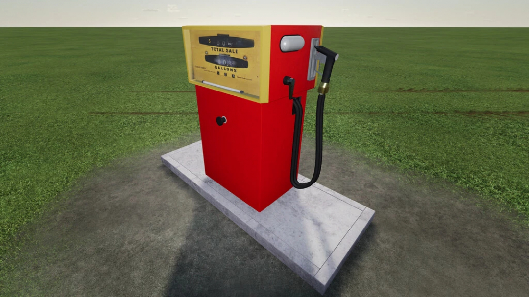 FS22 mod Fuel Selling Station v1.0.0.0 showing a vintage red fuel pump on a grass field in Farming Simulator 22.