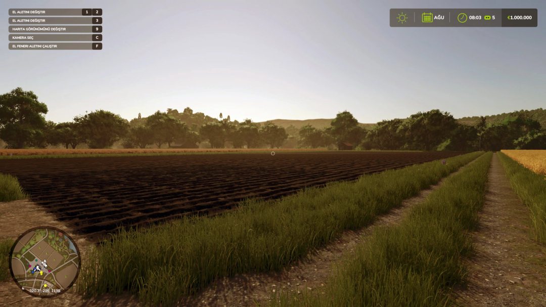 Mod FS25 Graphic Mod Shader che mostra un campo e paesaggio realistico in Farming Simulator 25.