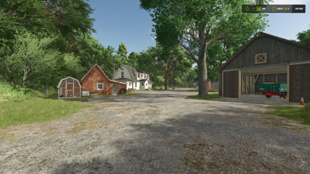 Eine lebendige Farm-Szene in FS25 mit dem Graphics Shader Mod, mit bunten Scheunen und üppigen Bäumen.