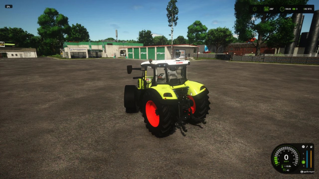 Traktor in Farming Simulator 25 mit Graphics Shader Mod, der verbesserte Farben in einer Farmumgebung zeigt.