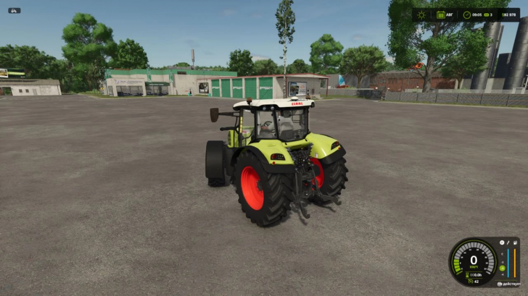 FS25-Mod Graphics Shader v1.0.0.0 mit einem bunten Traktor auf einem Bauernhof.