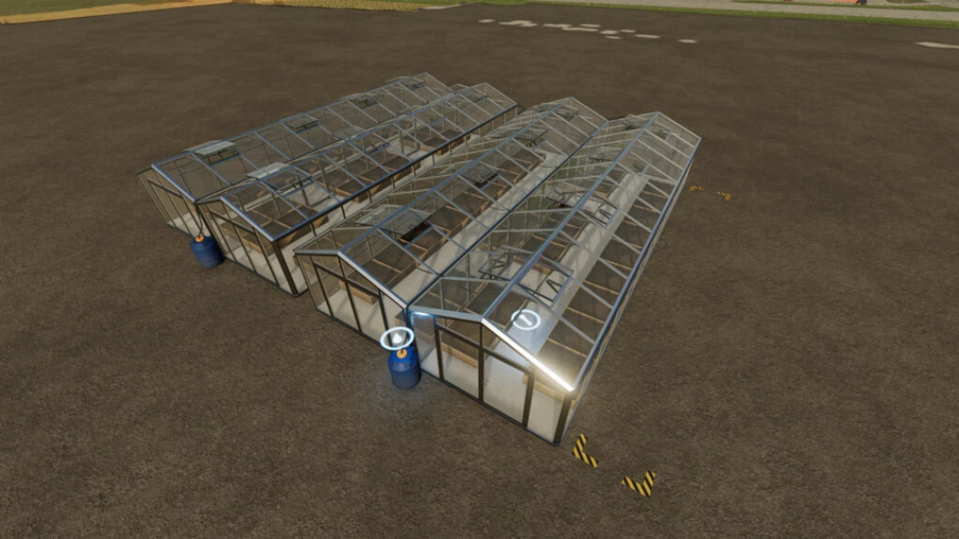 FS22 mod Greenhouse Production v1.0.0.0 showcasing three large glass greenhouses on a farm layout.