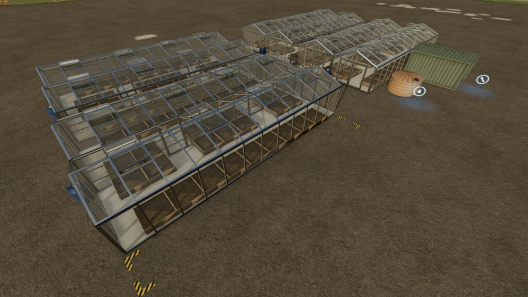 FS22 Greenhouse Production mod featuring multiple glass greenhouses on a farm.