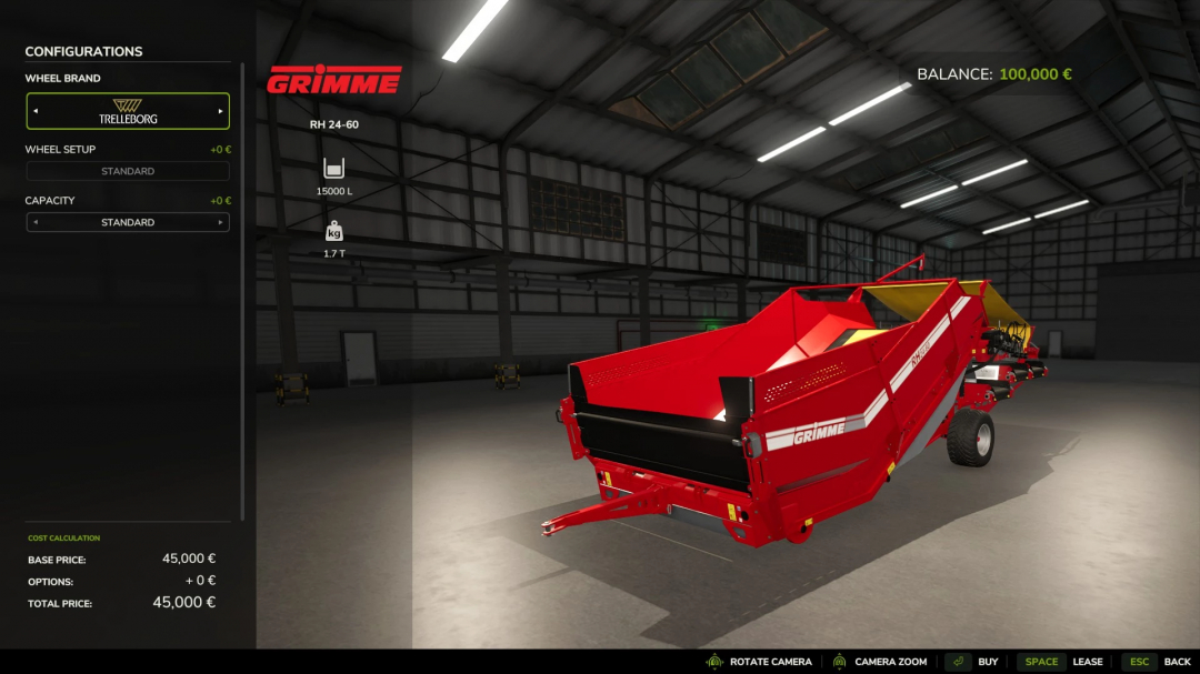 Grimme Pack v1.0.0.0 mod in FS25 features a red Grimme RH 24-60 in a virtual garage, showcasing configurations, price, and specifications.