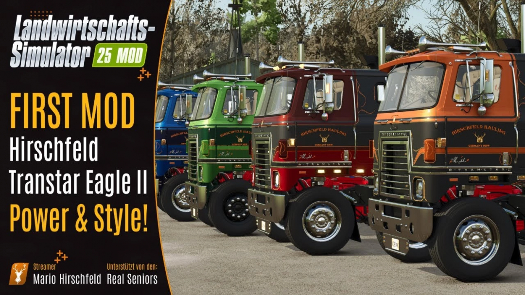 FS25 mod Hauling International Transtar trucks in various colors showcasing Power & Style.