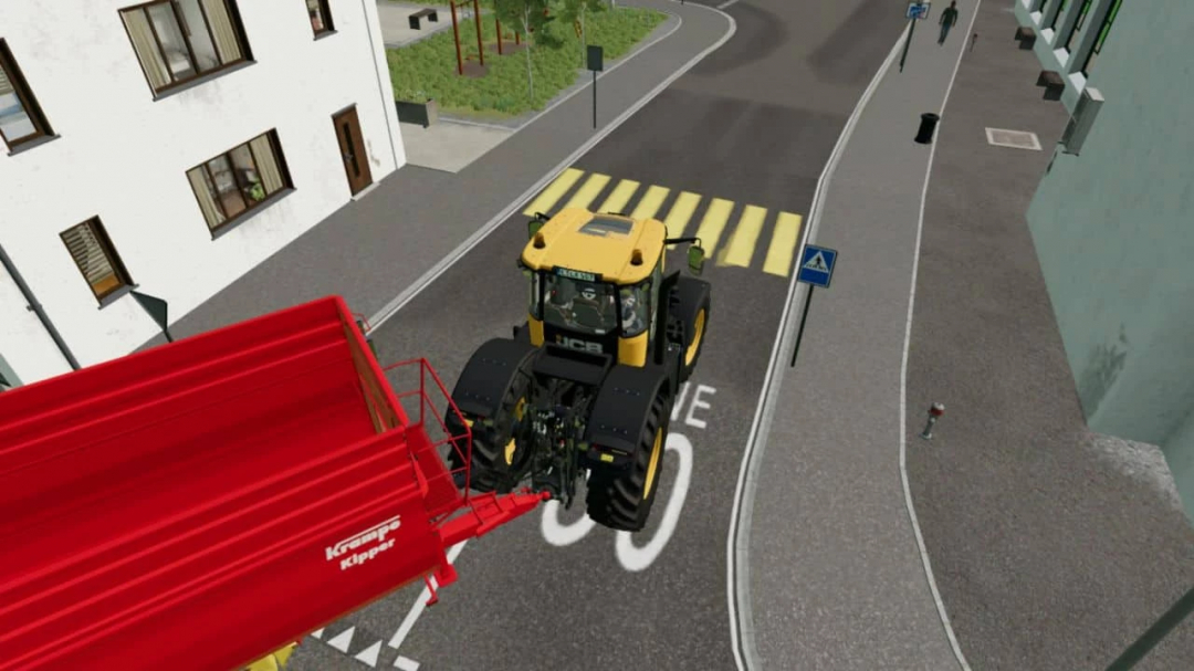 JCB Fastrac 8330 towing Krampe trailer in FS25 mod city scene.