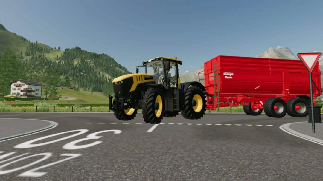 JCB Fastrac 8330 tractor with red trailer in Farming Simulator 25 mod, driving on rural road.