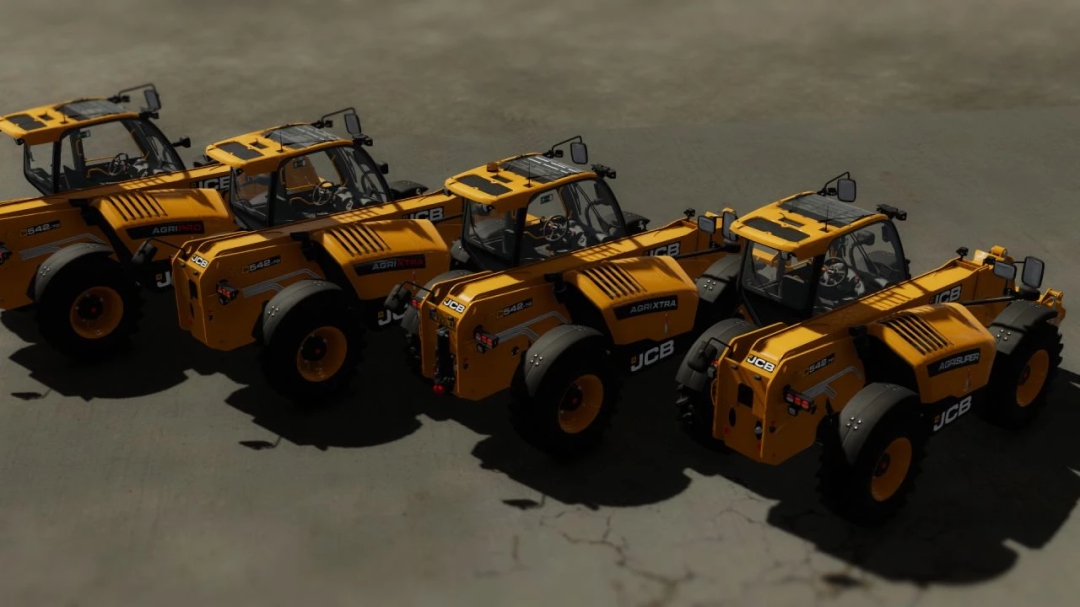 Four JCB Loadall 542-70 Series tractors in FS22 mod. Farming Simulator 22 mods showcase telehandlers.