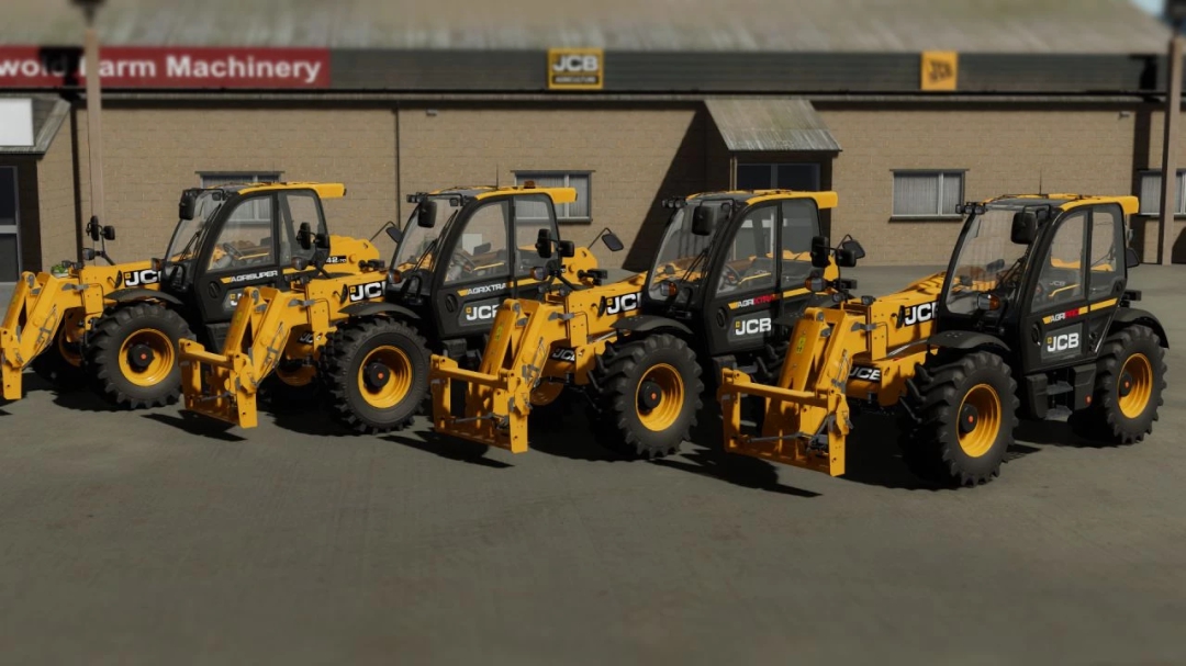 Image of JCB Loadall 542-70 Series mods in FS22, showcasing multiple yellow telehandlers in front of a farm machinery building.