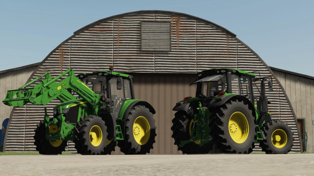 Two John Deere 6M Series tractors in front of barn, featured in FS22 mods.