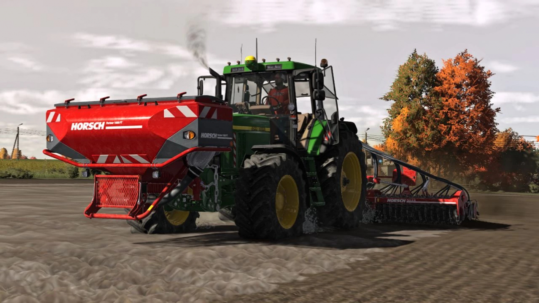 Trator John Deere 7010 em mods FS22 com semeadeira Horsch em um campo, cenário de outono.