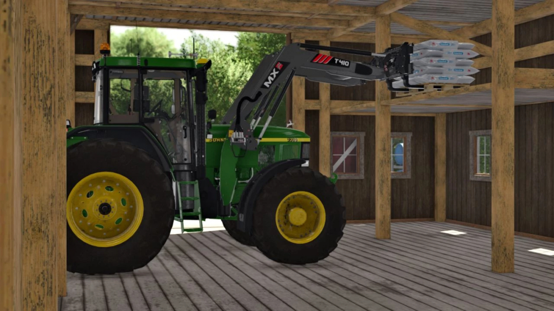 Trator John Deere 7010 com carregador em um celeiro, apresentado nos mods FS22 para Farming Simulator 22.