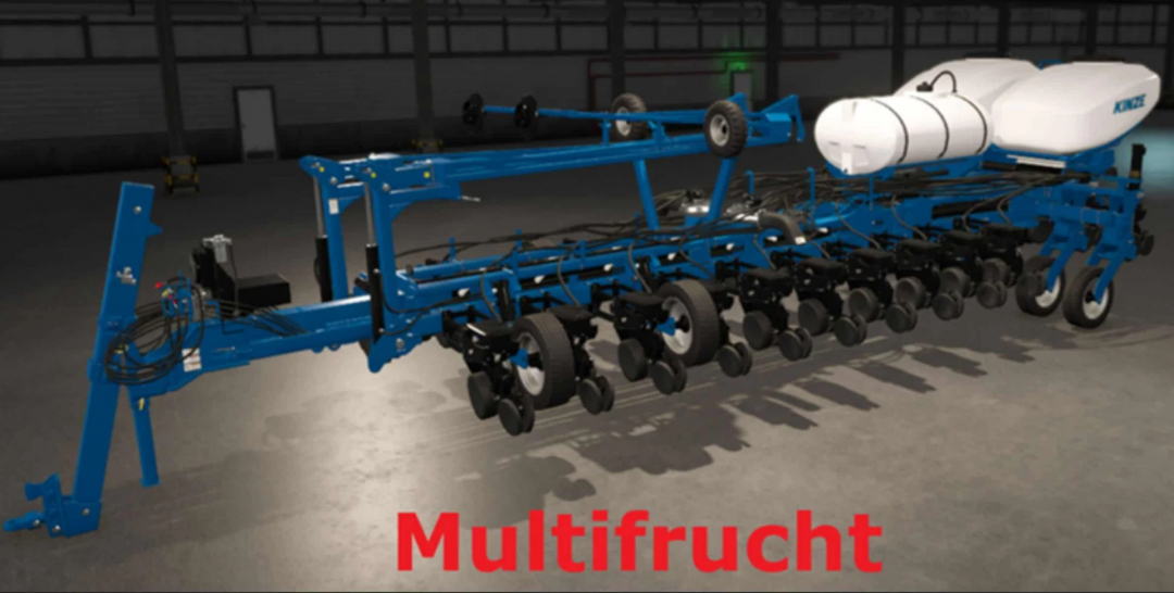 Kinze 4905 Blue Drive Multifruit mod in FS25, showcasing a blue planter in a garage setting.