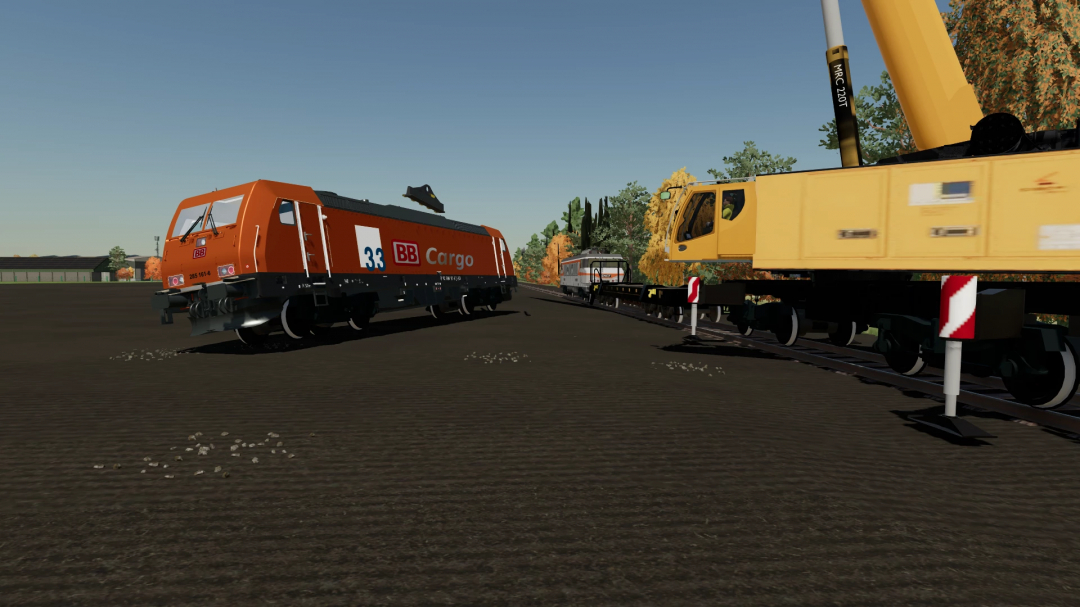 FS22 mods: Kirow multitasker T1200 v1.4.0.0 met BB Cargo trein en kraan op sporen.