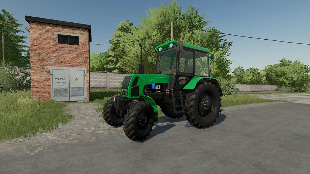 Kiy-14102 tractor mod for Farming Simulator 22, showcasing a green tractor parked near a building. FS22 mods enhance gameplay realism.