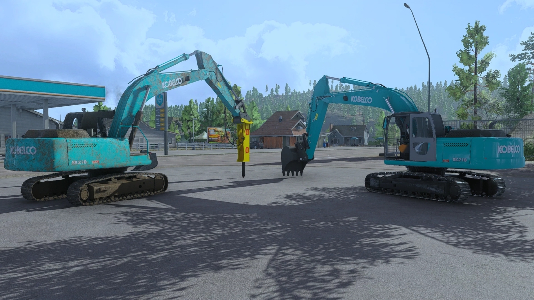 FS22 mods: Kobelco sk 210 excavators in a rural setting, showcasing detailed textures and machinery.