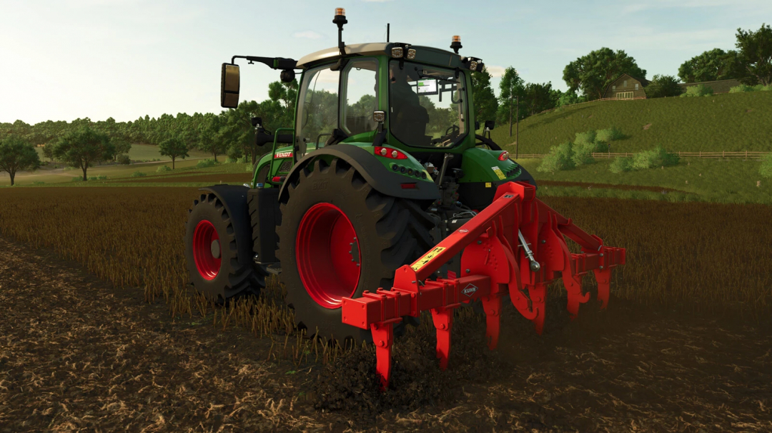 Mod FS25 montrant un tracteur Fendt avec un cultivateur Kuhn DC 401 sur un champ.