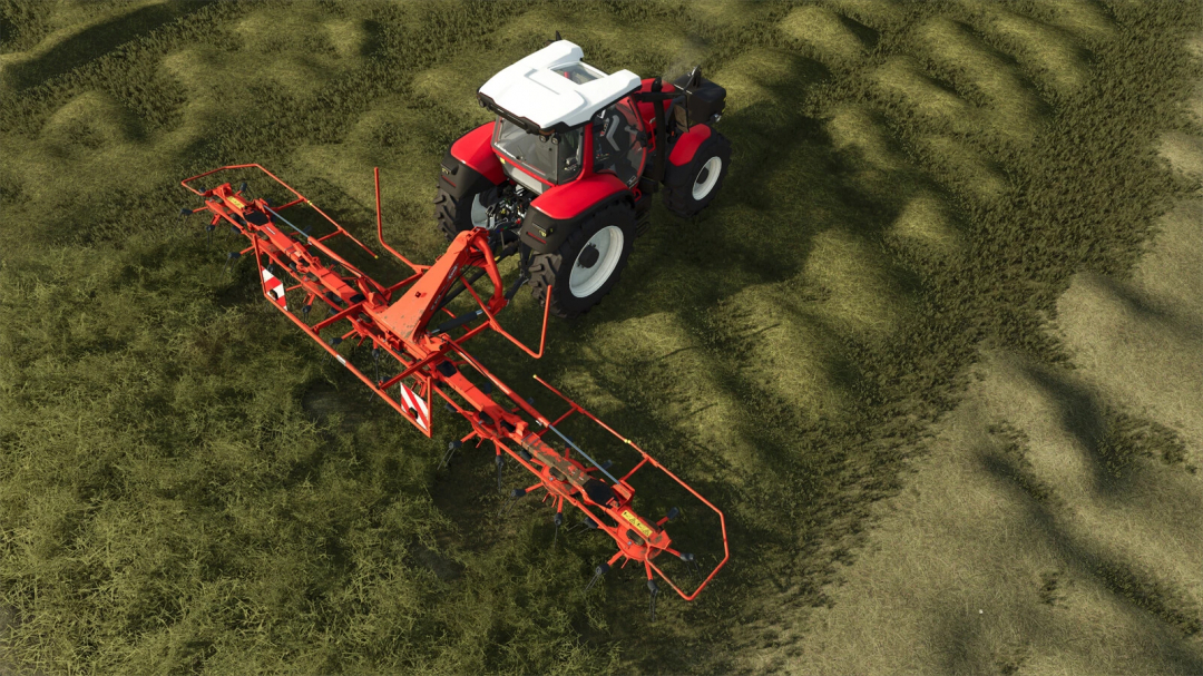 FS25 mod featuring Kuhn GF 8712 on a tractor in a field, demonstrating Farming Simulator 25 gameplay.