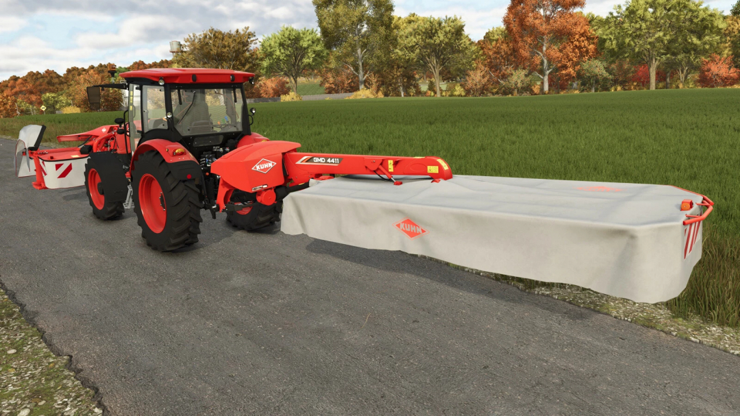 Kuhn GMD 4411 mod for FS25 showing a mower attachment on a red tractor, set in a lush green landscape.