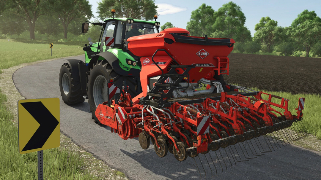 FS25 Mod: Kuhn HR 4040 + VENTA 4030 an einem Traktor in Farming Simulator 25, zeigt Landmaschinen.