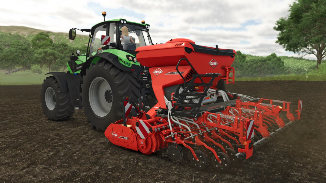 FS25-Mod mit Kuhn HR 4040 und VENTA 4030 auf einem Feld im Einsatz.