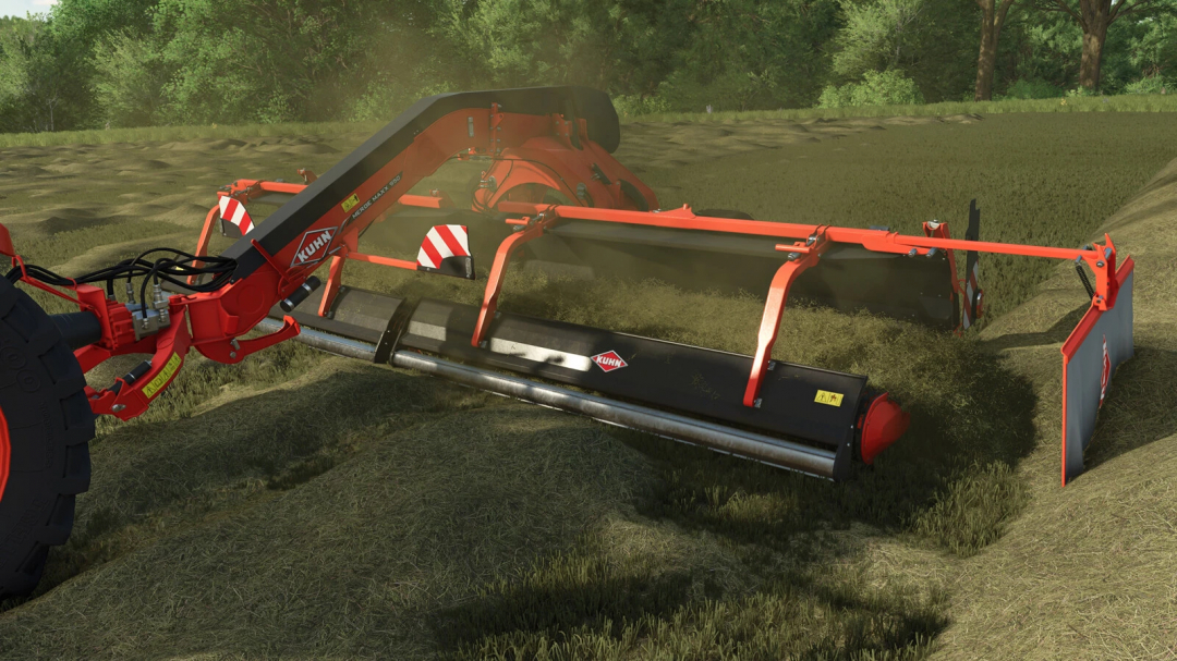 Kuhn MergeMaxx 950 mod in FS25, showcasing hay merging on a farm field.