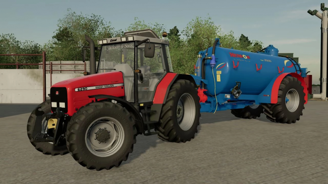 Trattore Massey Ferguson con mod di spandiletame in FS22.