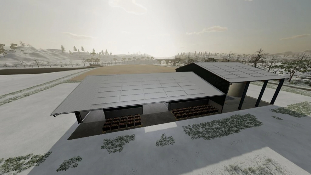 FS22 Multi-fruit Farm Storage mod showing large barn in snowy landscape.