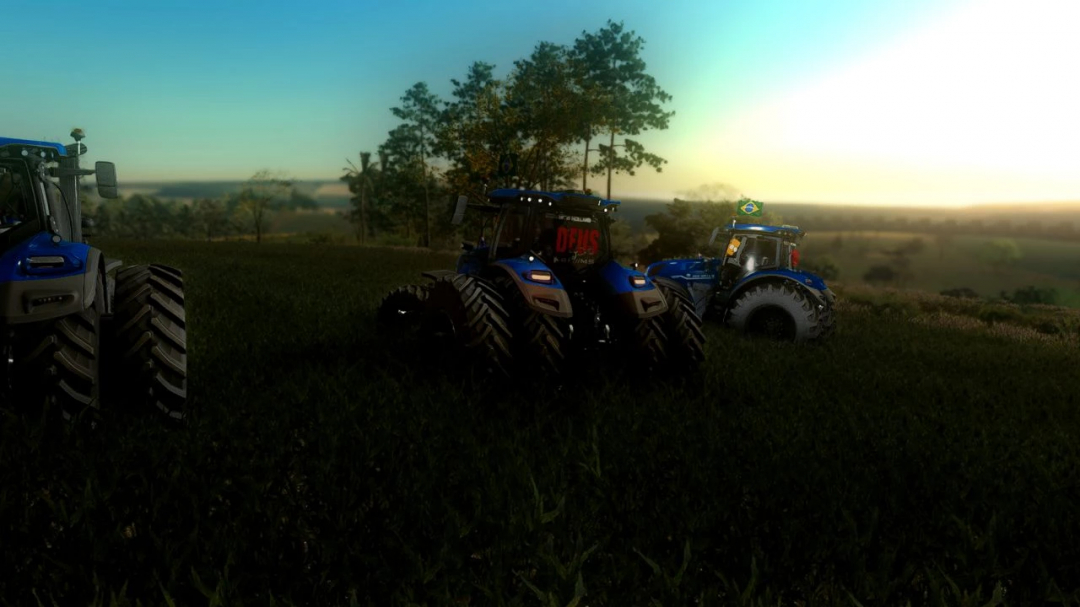 New Holland T7 HD Series tractors in a field at sunset in FS22 mods.