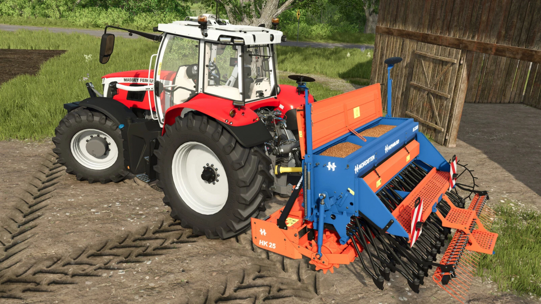 FS25 Mod Nordsten NS 3003 v1.0.0.0 mit rotem Traktor im Farming Simulator 25.