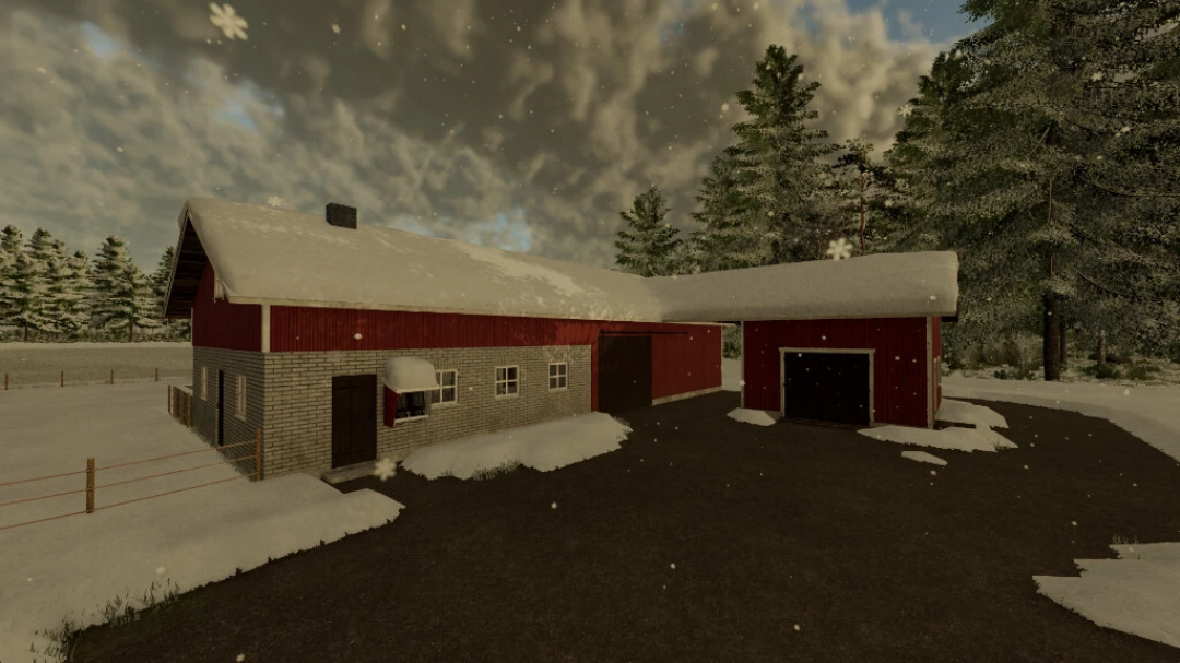 Snow-covered old brick cow barn mod for FS22 in a winter landscape.