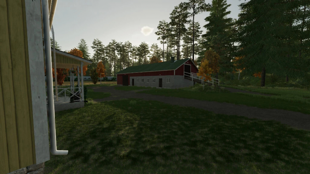 FS22 mods image shows an Old Brick Cow Barn in a pastoral setting with trees and sunset.