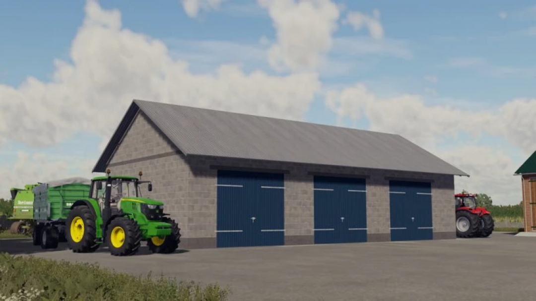 Mod de Old Small Garage en FS25 con tractores afuera, mejora el gameplay de Farming Simulator 25.