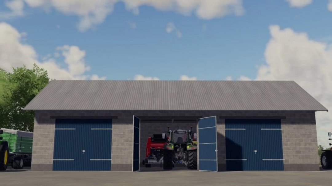 Mod FS25 Old Small Garage v1.0.0.0 mostrando un garaje de ladrillo con dos puertas azules y un tractor adentro.