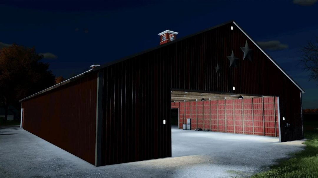 Mod de grange américaine ancienne dans FS22 avec intérieur éclairé la nuit.