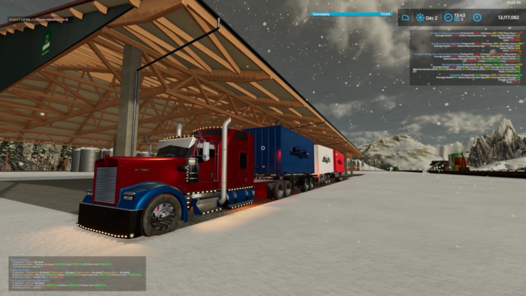 Imagem do mod FS22 de um caminhão vermelho com reboques carregados em uma paisagem nevada, mostrando o Pack autoload rocky mountain v1.0.0.0.